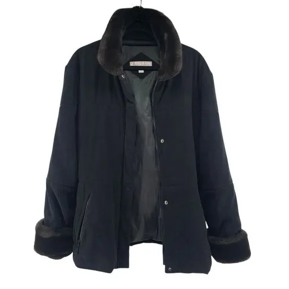 Jones New York Black Modacrylic Velvety Winter Coat XL Faux Fur Trim Full Zip - Picture 3 of 16